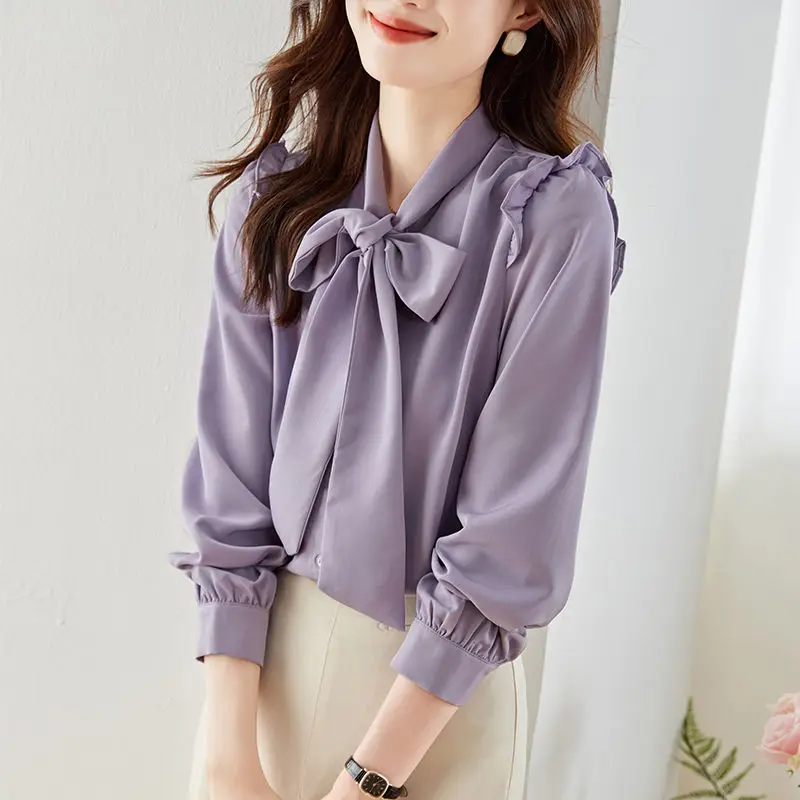 Spring Autumn Women\'s Pullover Scarf Collar Ruffles Shirring Solid Button Lantern Long Sleeve Chiffon Shirt Fashion Casual Tops