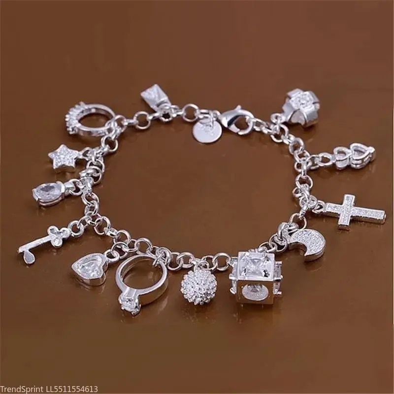 Women European‑American Simple Multi‑Element Silver Tone Thirteen‑Pendant Bracelet Fashion Jewelry For Daily Party Accessory