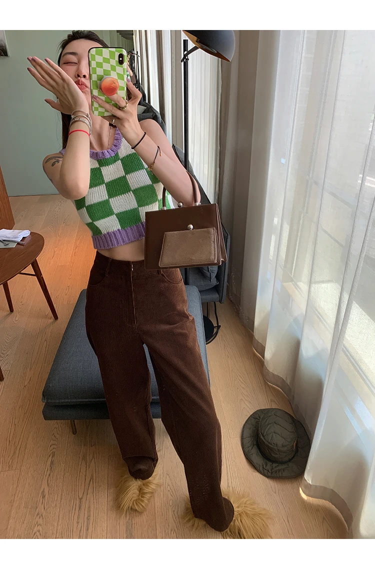 Checkerboard Knit Tank Top for Women Contrast Color Crew Neck Sleeveless Crop Sweater Vest Teengirl 90s Y2K Spring Summer Outfit