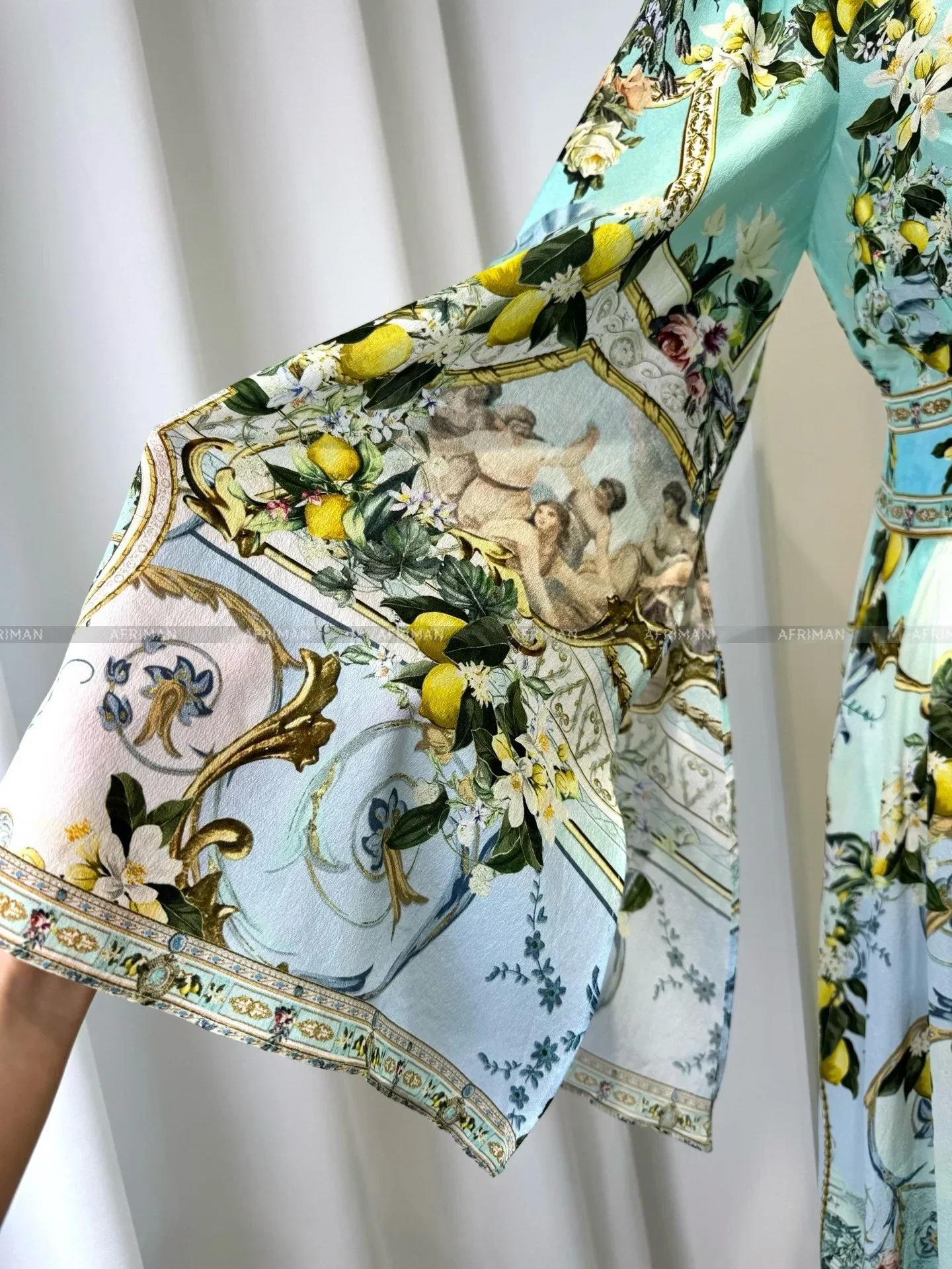 Damen-Maxikleid mit V-Ausschnitt, Kristallperlen, ausgestellte Ärmel, Retro-Zitronenblumendruck, langes Seidenhemdkleid