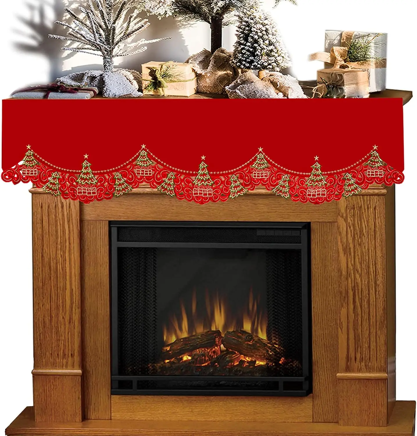 Grelucgo Embroidered Christmas Holly Tree Mantel Scarf Top Runner Winter Holiday Decorations