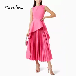 Carolina Pink O-Neck Pleat A-LINE Evening Dress Saudi Arabia 2024 Slim Crepe Sleeveless Ankle-Length Prom Dress