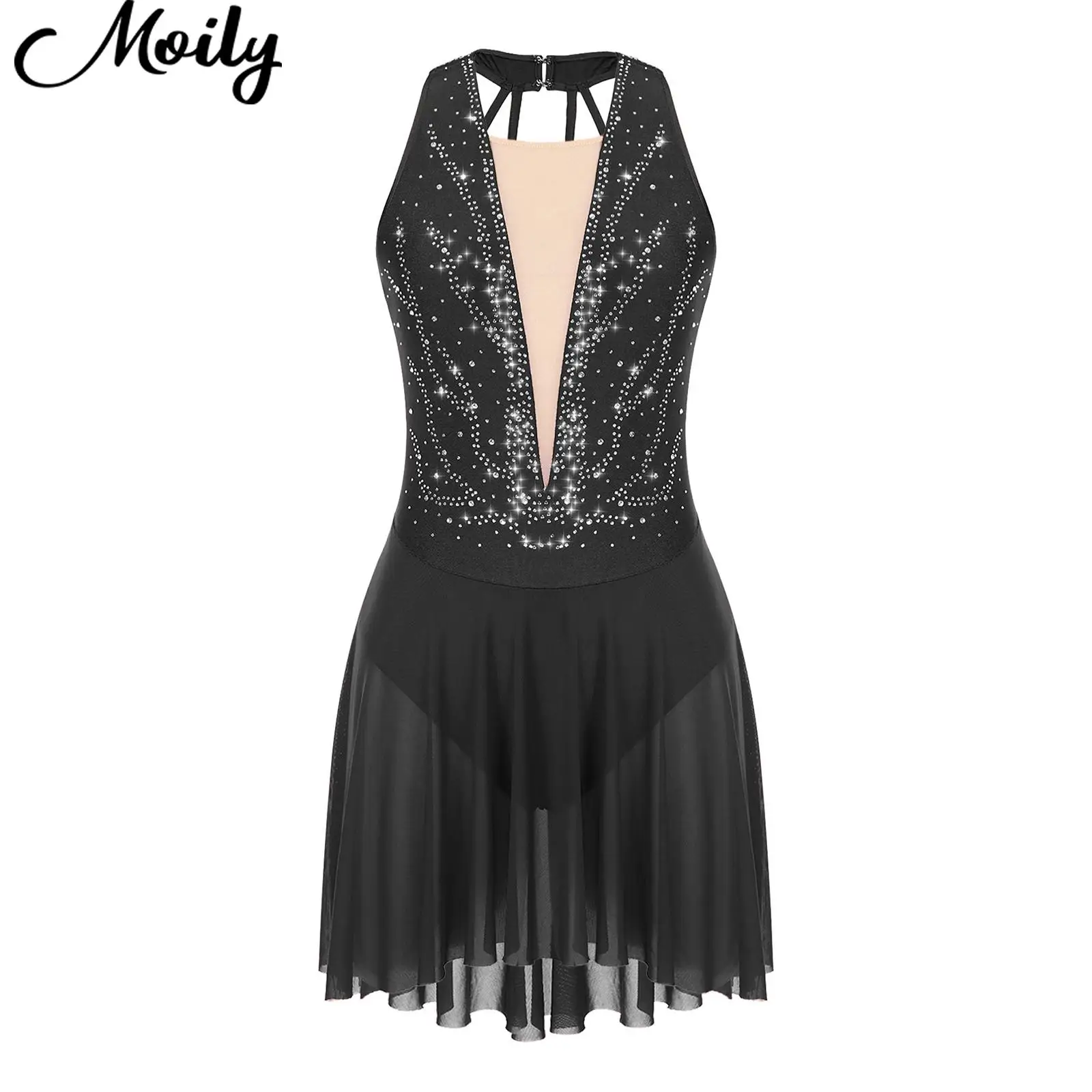 

Womens Glittery Rhinestone Figure Skating Dress Sheer Mesh Backless Asymmetrical Hem Lyrical Modern Performance Dresses costumes