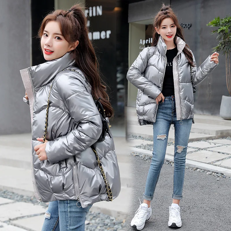 Glossy Winter Down Cotton Padded Jacket For Women Thick Bright Black Short Shiny Jacket Yellow Red Cotton Parkas Outwear