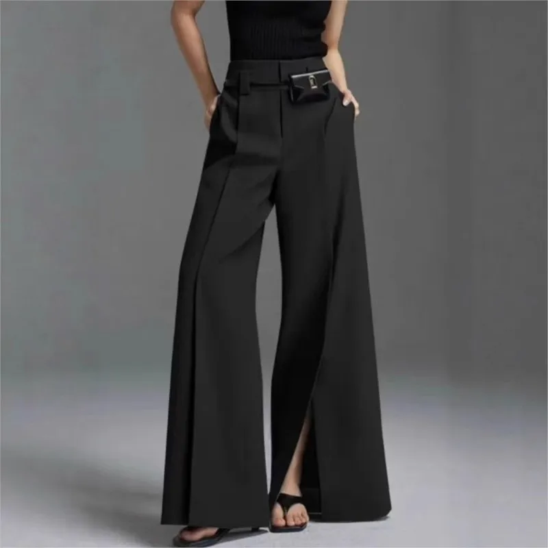 High-waisted Solid Color Commuter Trousers Women's Daily Summer Versatile Office Formal Slit Design Personalized Loose Trousers