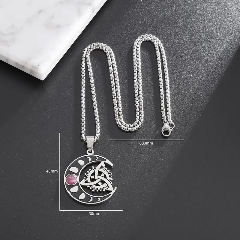 Stainless Steel Celtic Moon Pendant Witchcraft Witch Knot Necklace Men Women Punk Personality Charm Irish Amulet Jewelry Gift