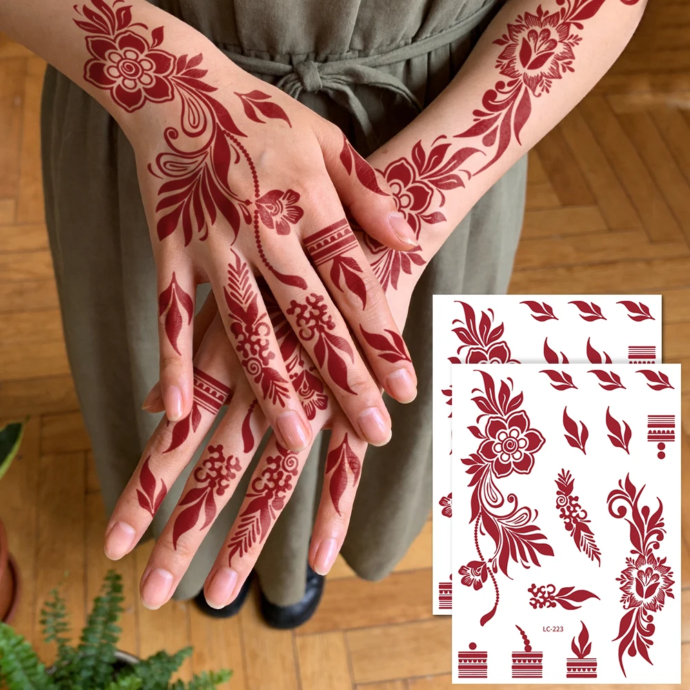 2 Sheets Henna Flower Pattern Nail Tattoo Stickers - Manhedi Design Tattoo Stickers, Suitable for Parties and Festival Body Pa