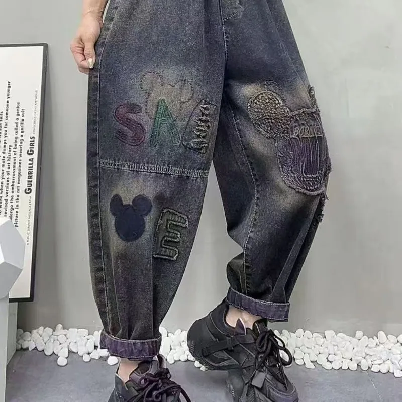 

y2k ladies shorts Disney Spring New Women's Plus Size Loose Harem Dad Jeans with Mickey Applique & Embroidery, Fashion Versatile