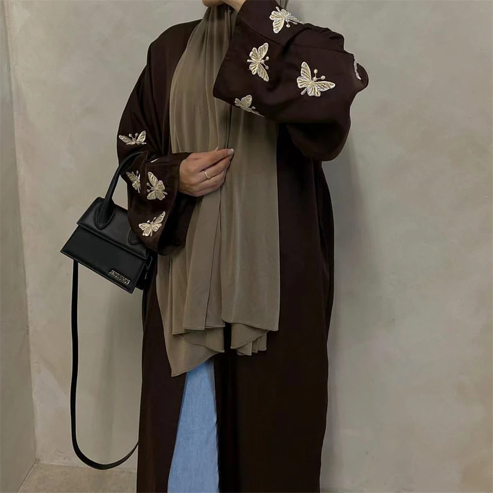 Abaya abierta de Dubái para mujer, cárdigan bordado de mariposa musulmana, Maxi vestido, Kimono turco, caftán, bata árabe, abrigo de caftán islámico Jalabiya