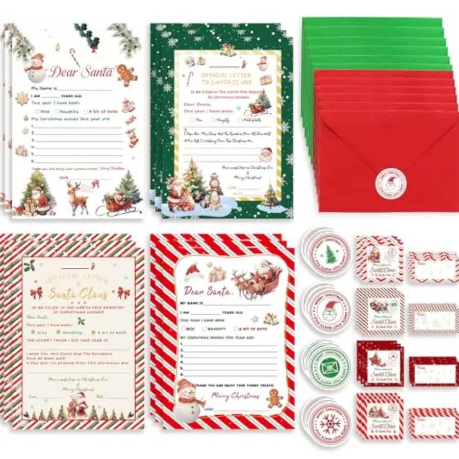 

12 Sets Letter to Santa Writing Kit Christmas Wish List Paper Stationery with Sticker Seals Address Label Nice Naughty Snowflak
