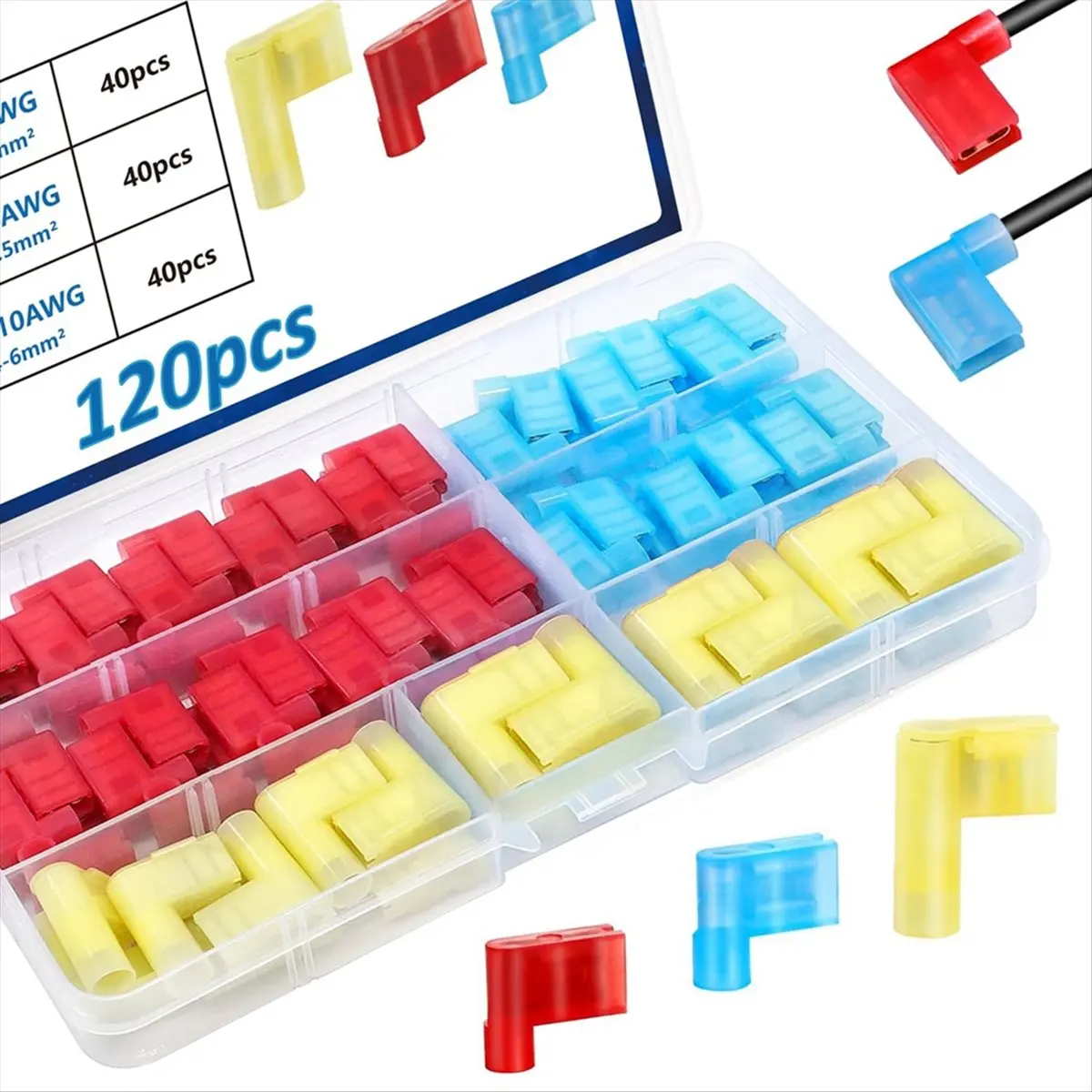 A72P 120PCS Quick Disconnect Flag Connector,Nylon Right Angle Spade Connectors 22-10AWG,90 Degree Wire Terminal Connector