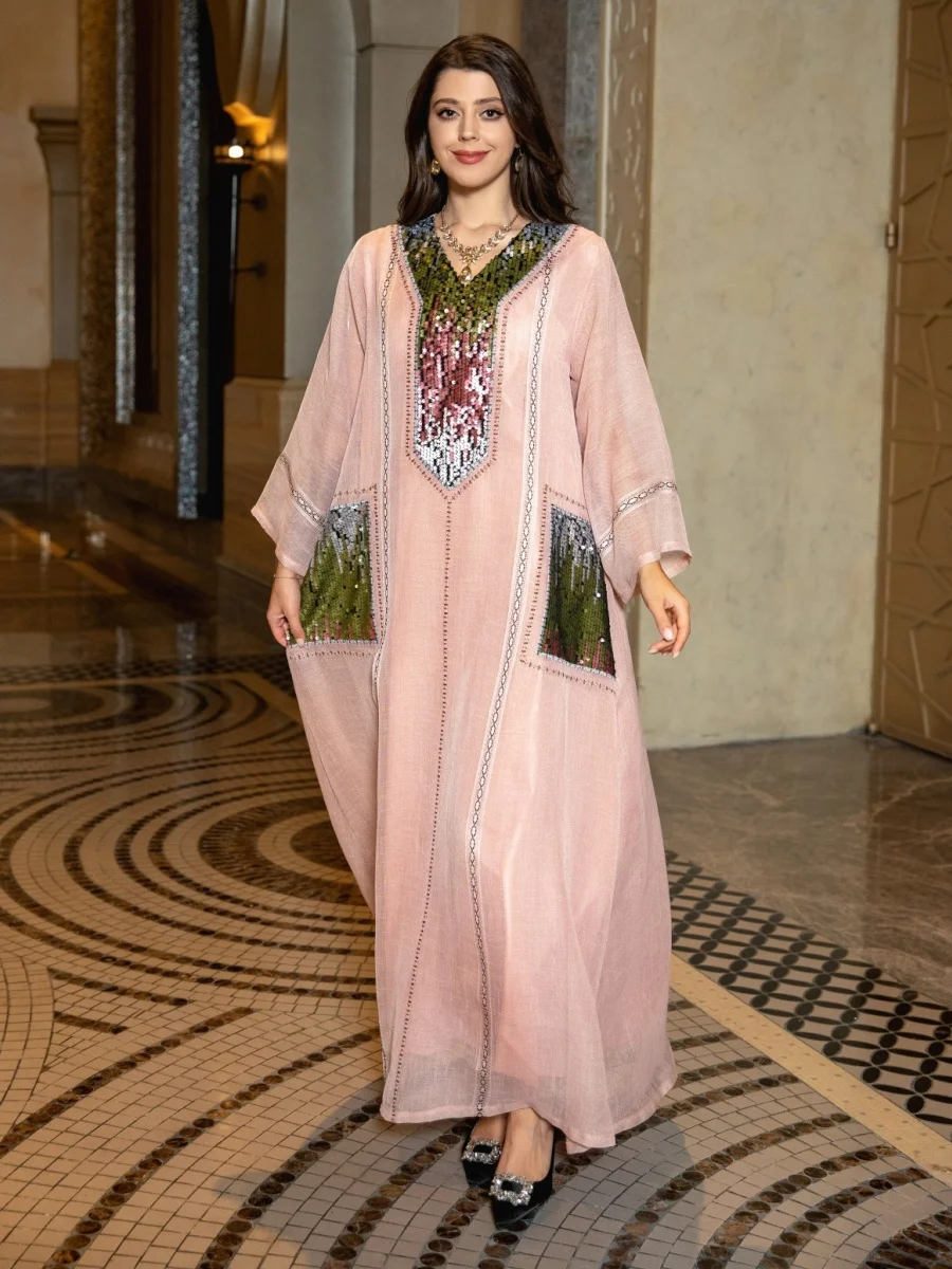 Siskakia Sequins Patchwork Abayas For Woman Dubai Luxury 2025 V-Neck Moroccan Kaftan Dress