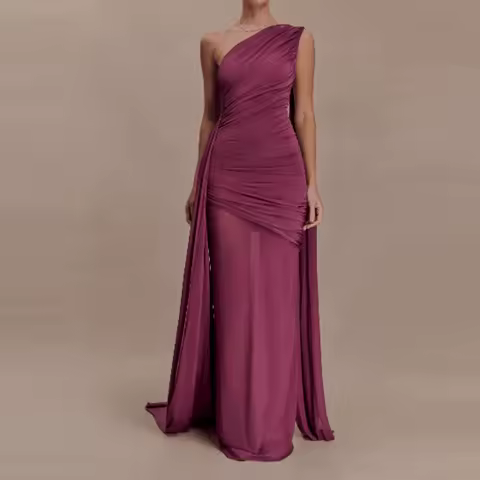 Temperament Lady Solid Ribbon Banquet Dress Trendy High Waist Hollow Dress Elegant Slash Collar Sleeveless Pleated Evening Dress