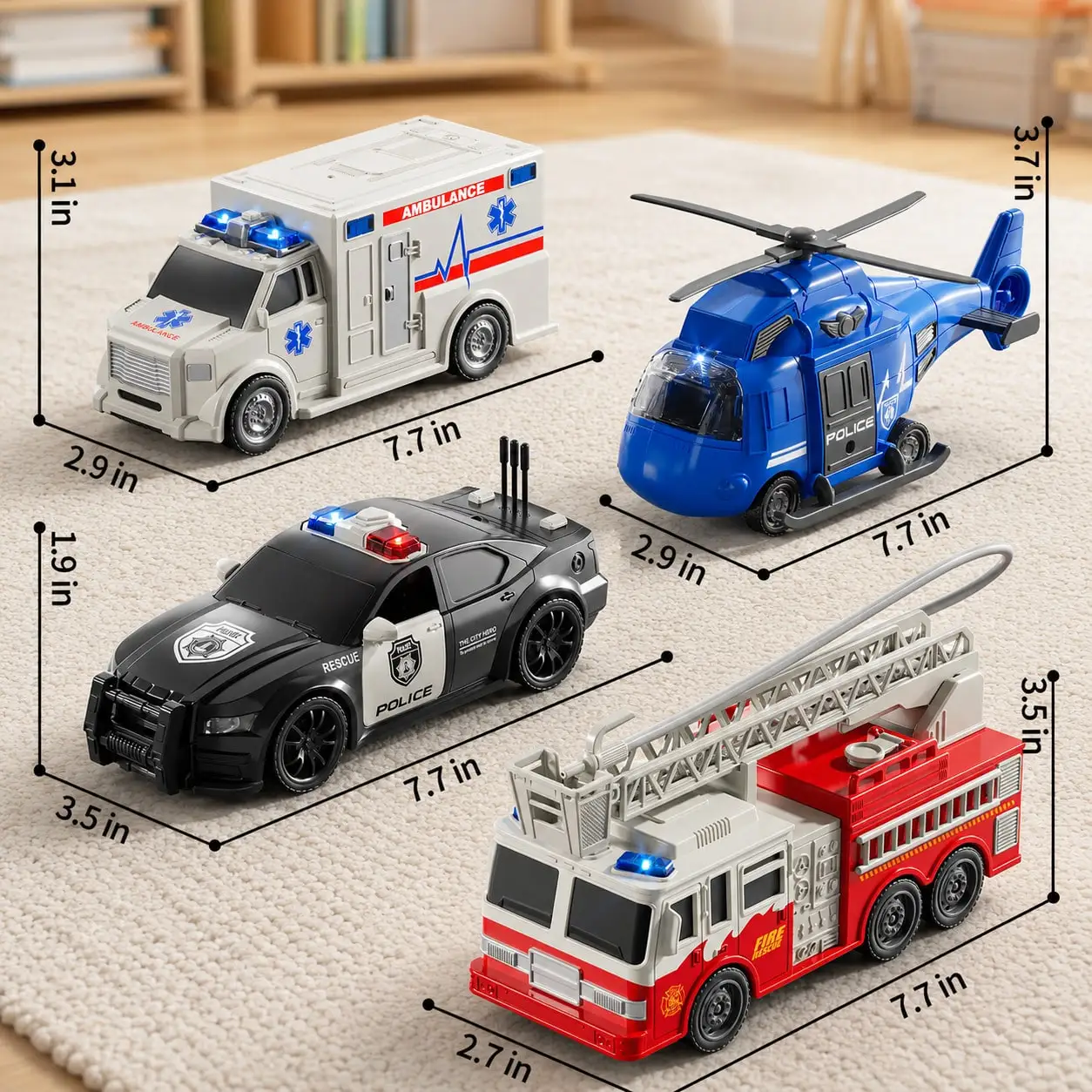 4 Pack Emergency Vehicle Toys for Kids Age 3-8, Friction Powered Helicopter, Police Car, Fire Truck & Ambulance, Push and Go Rescue Car Toy Set, Birthday Christmas Gift for Boys Girls, Early Educational Play Vehicle