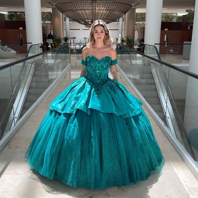 Doymeny-vestidos de quinceañera verde, vestido de fiesta con apliques de hombros descubiertos, lazo elegante, princesa dulce 16, brillante, 2024