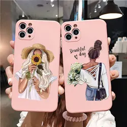 Fashion Flower Girl Woman Soft Silicone Phone Case for IPhone 12 13 PRO 7 8 Plus X XR XS 14 Pro Max SE2 11 Cases Pink Back Cover