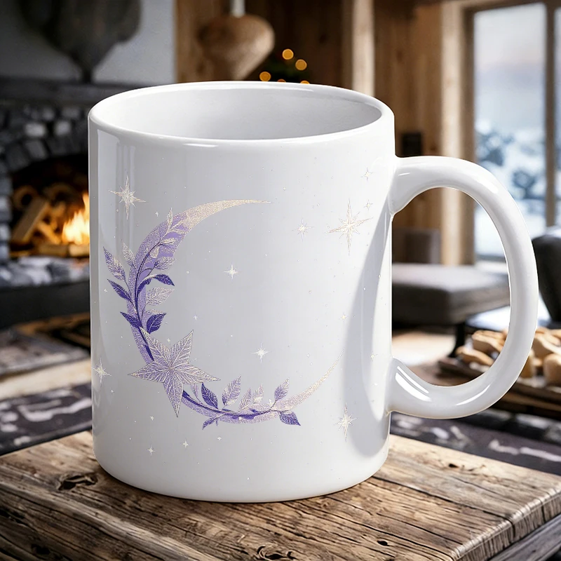 

1PCS Purple Leaf Star Moon Ceramic Mug, Coffee Cup, Milk Cup, Office Tea Cup, Drinking Cup, Does Not Fade, Gift for Friends