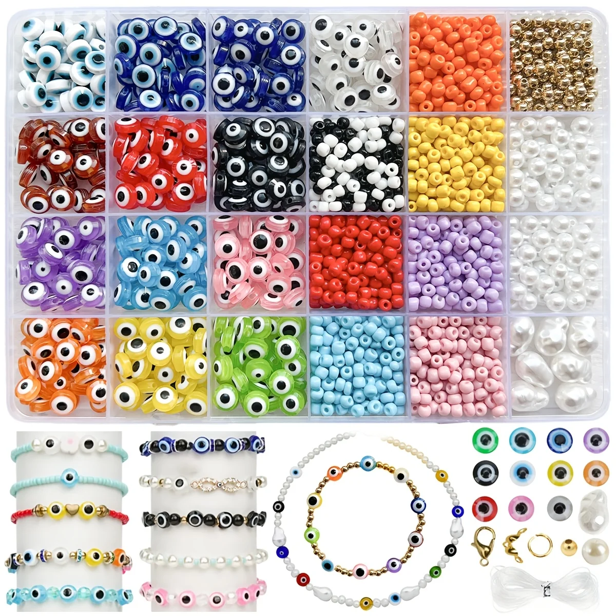 

1140 шт. бусин для изготовления украшений своими руками: плоские круглые бусины «Злой глаз» из смолы, синие бусины-разделители «Глаз», 24 ячейки в коробке, рассыпные бусины для аксессуаров для украшений