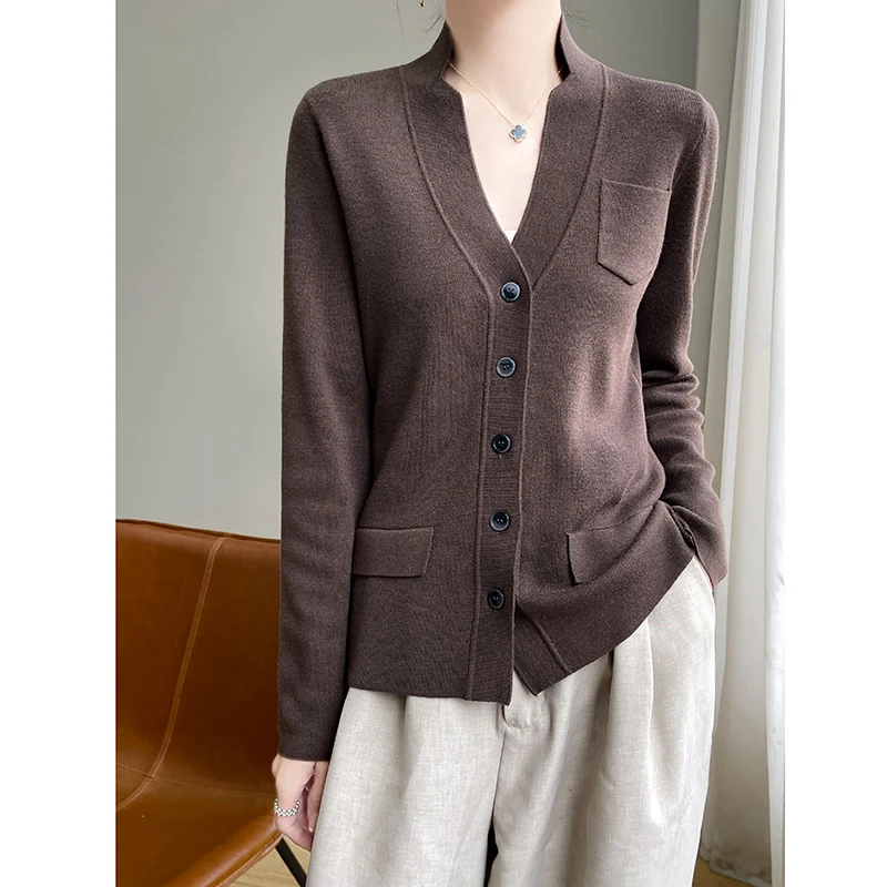 

Женский камвольный кардиган из 100% шерсти с v-образным вырезом и длинными рукавами, весна-осень, новая свободная вязаная куртка с карманом, однобортный