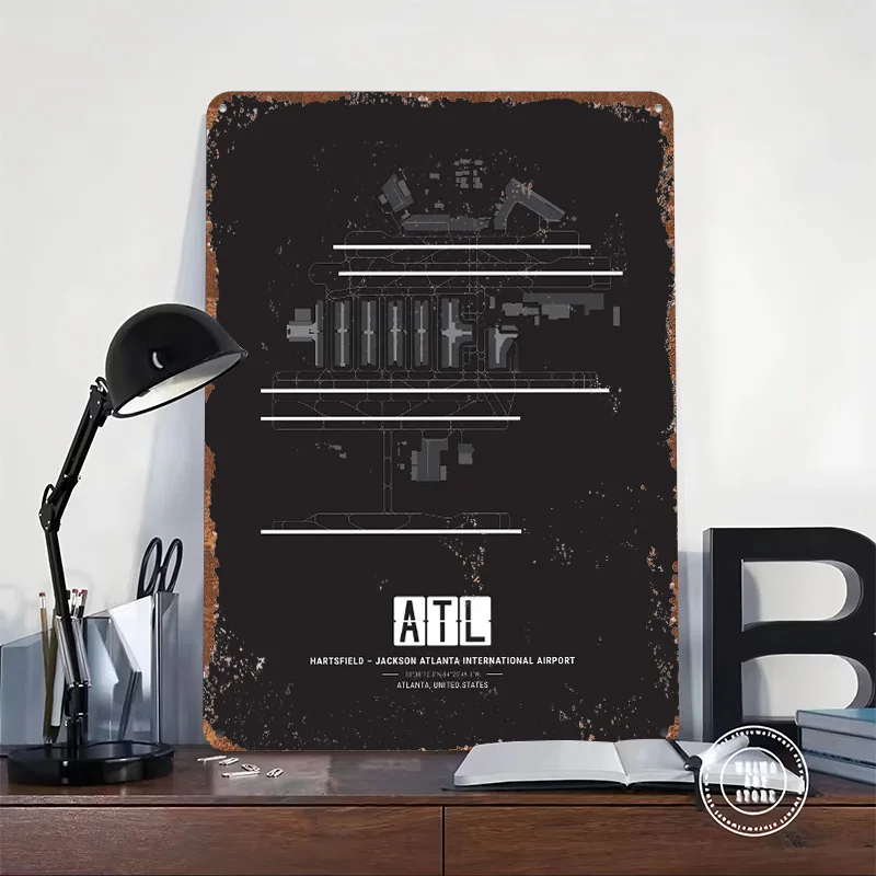 ملصق معدني لتخطيط مطار أتلانتا، ملصق تين، أشياء فنية جدارية لتصميم الغرفة، علامات معدنية قابلة للتخصيص لديكور المنزل