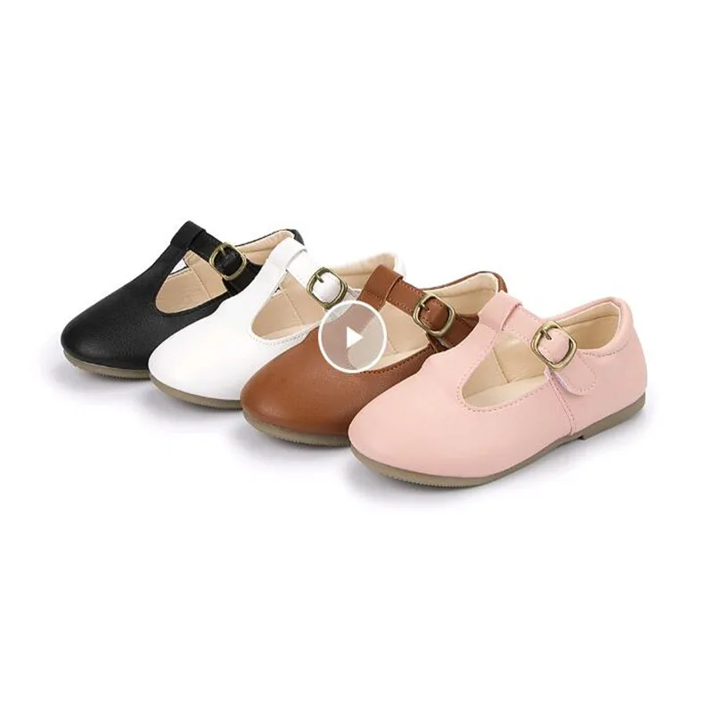 Baby Girls Mary Jane Dress Shoes T-Strap Cut-outs Leather Shoes Ballet Flats Princess Single Shoes Retro Party School Shoe