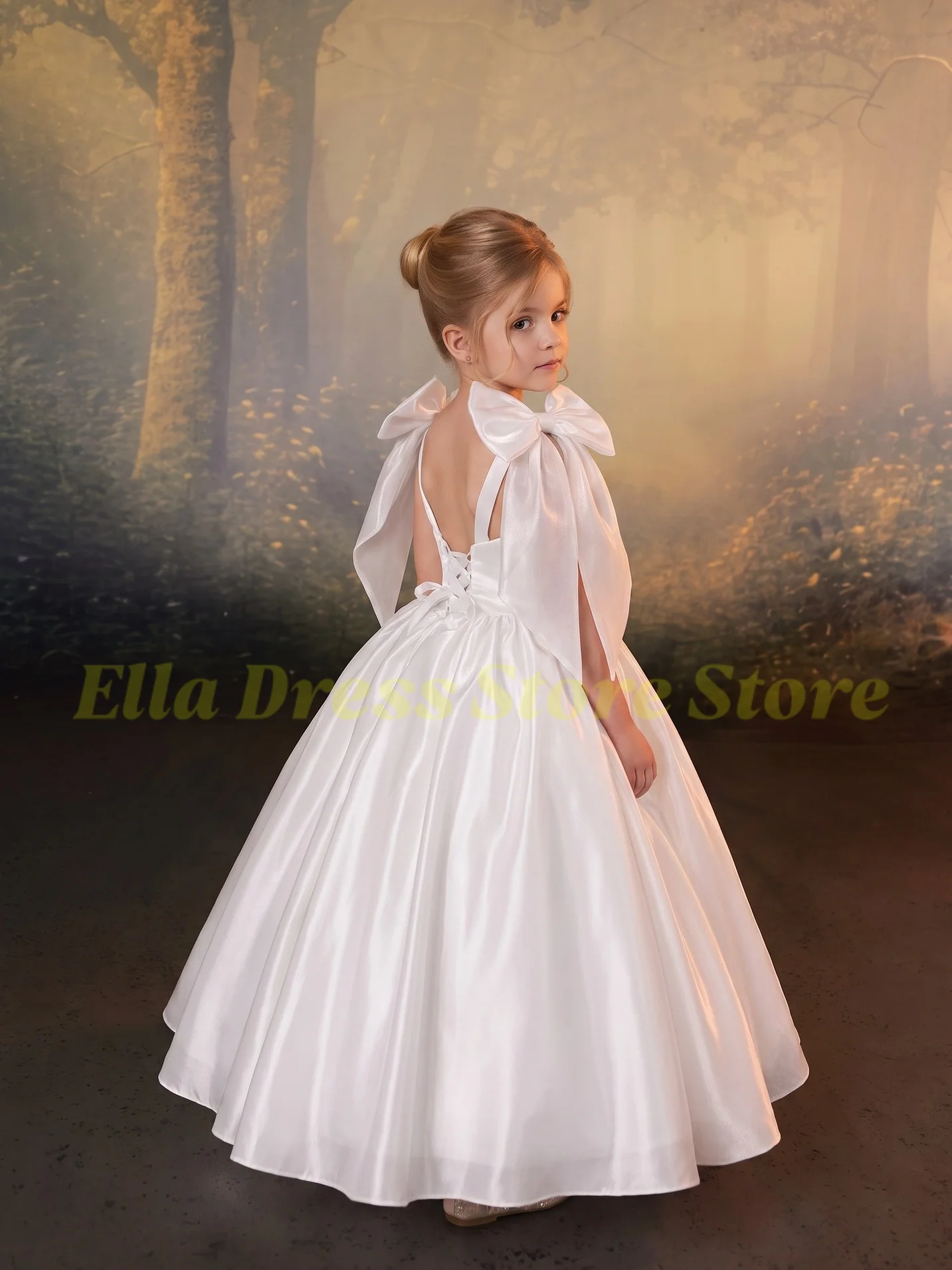 Großhandel Weißes Blumenmädchenkleid für Hochzeit, bodenlang, mit Schleife, Prinzessinnenkleid für Geburtstagsfeier, Erstkommunion, maßgeschneidert – Detail 2