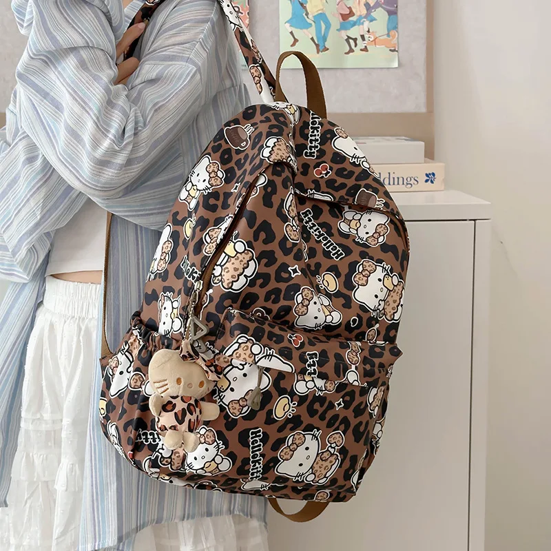 Hello Kitty Leopard Print Backpack Kawaii Anime Sanrio Creative Girls Fashion Large Capacity Travel Portable Student School Bag