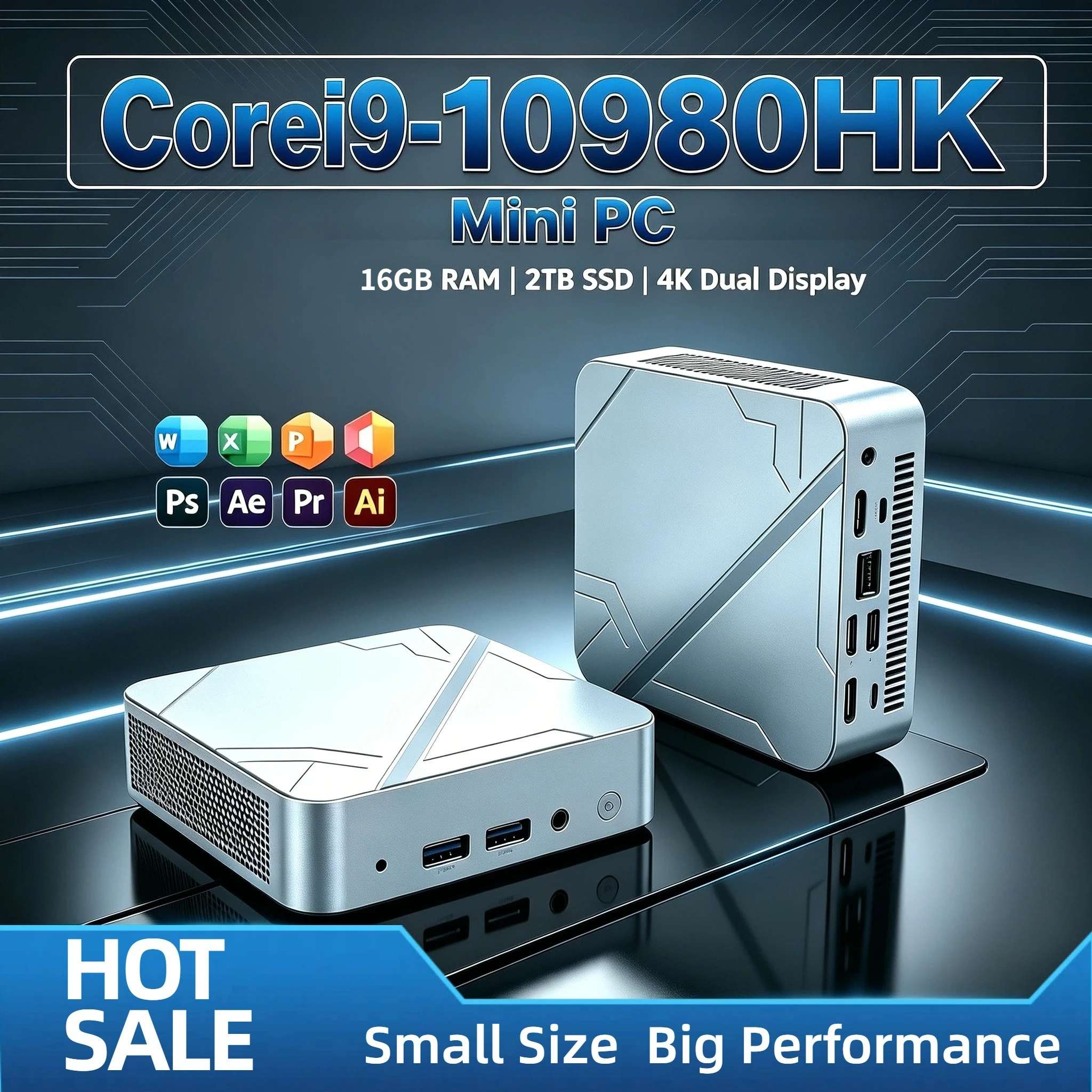 Intel Core i9 10980HK Mini PC 16GB RAM 2TB NVMe SSD Triple 4K Display WiFi6 High Performance Desktop Office Home Small Computer