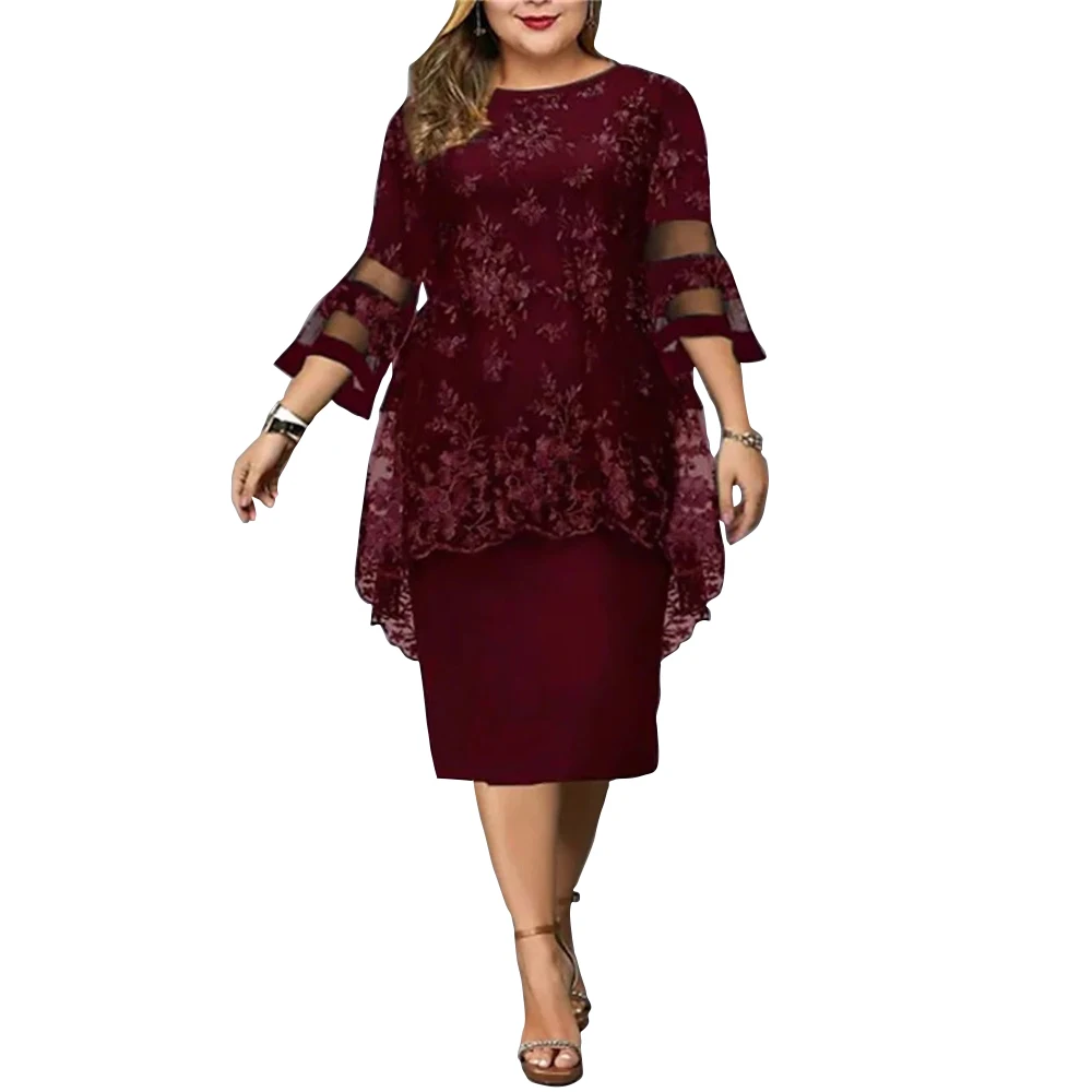 Plus Size Women Clothing Party Dresses Autumn/Winter Lace Casual Knee-Length Flare Sleeve Three Quarter A-LINE