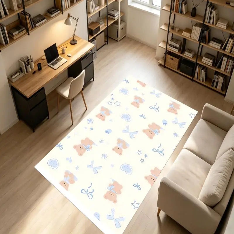 Cream Yellow Bear Bow Star Print Rug Soft Velvet Living Room Bedroom Bedside Decor
