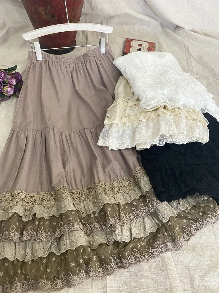 Mori Girl Sweet Lace Skirt Woman Elastic Waist Loose Cotton Underskirt Princess Midi Petticoat Skirt Faldas Mujer Faldones Para