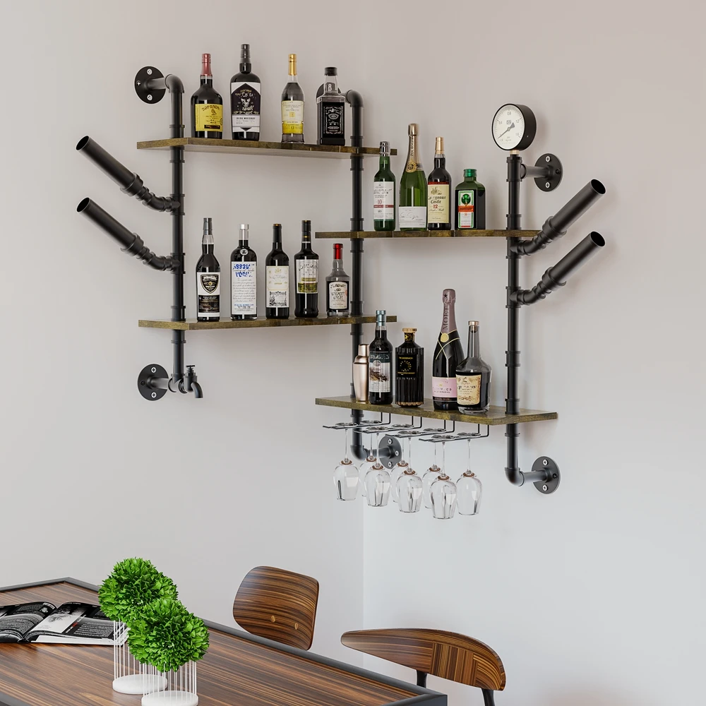 4 Tier Floating Bar Liquor Shelves Bottle Holder Wall Mounted Wine Rack with 4 Stem Glass Holder