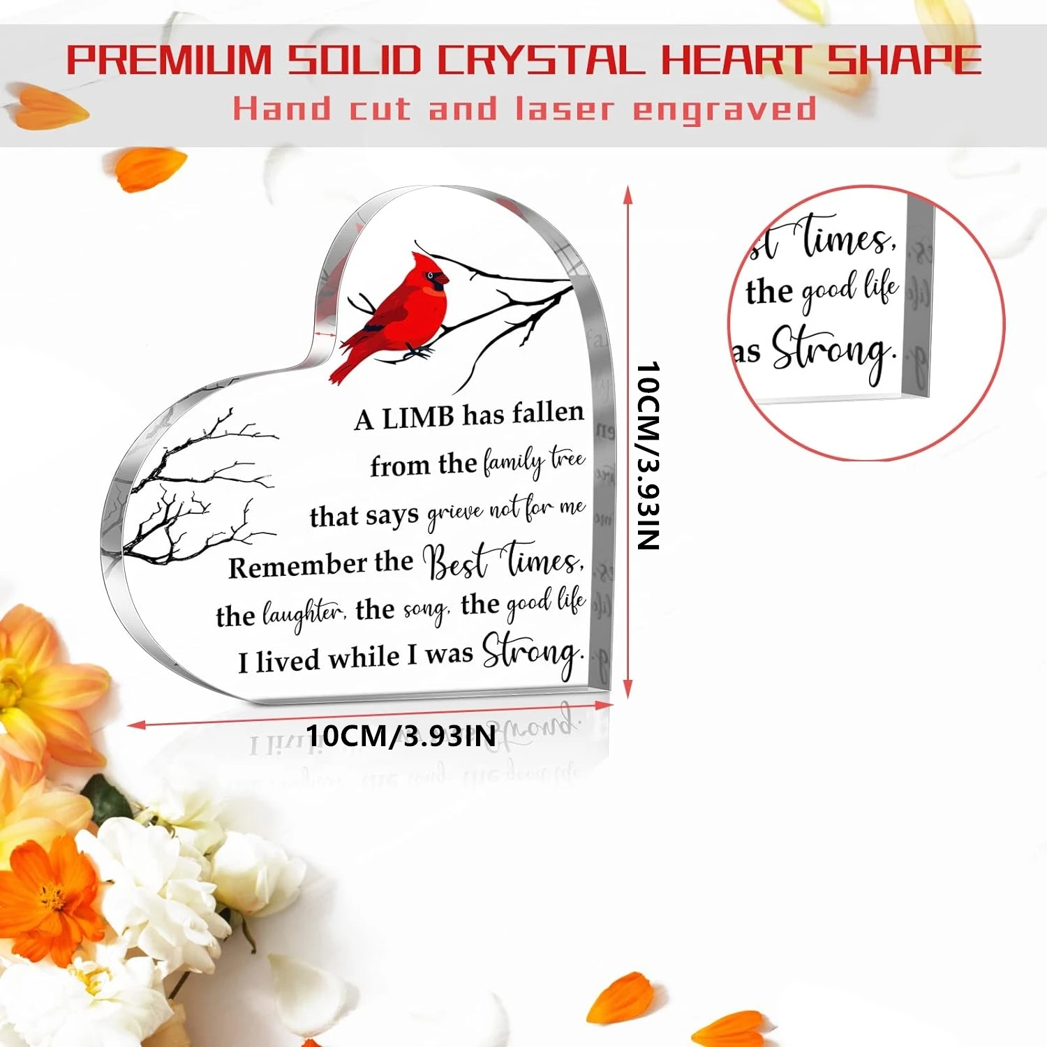 Sympathy Gift Red Cardinal Gifts Decor Memorial Bereavement Gift Crystal Acrylic Glass Heart Memorial Gift Condolence Gift