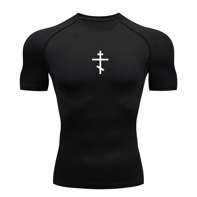 Cross Print Compression Shirt for Men Christian Athletic Tshirt Tees Tops Gym Workout Fitness Running Baselayers Undershirts