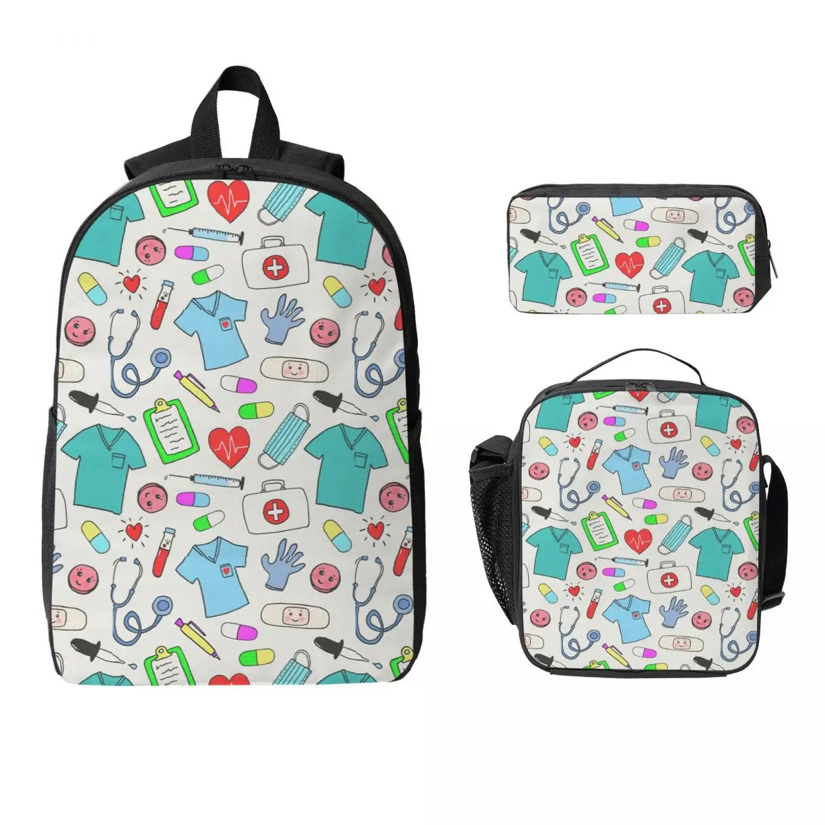 

Nursing Nurse Colorful Pattern Backpack Student BookBag School Bag Laptop Shoulder Bags 3ps Insulated Lunch Bag Pencil Case