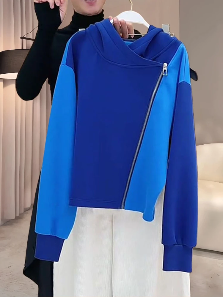 

Chic Patchwork Hoodie Women's Spring Autumn New Korean Version Slanted Zipper Color Block Jacket Loose Fit Long Sleeve