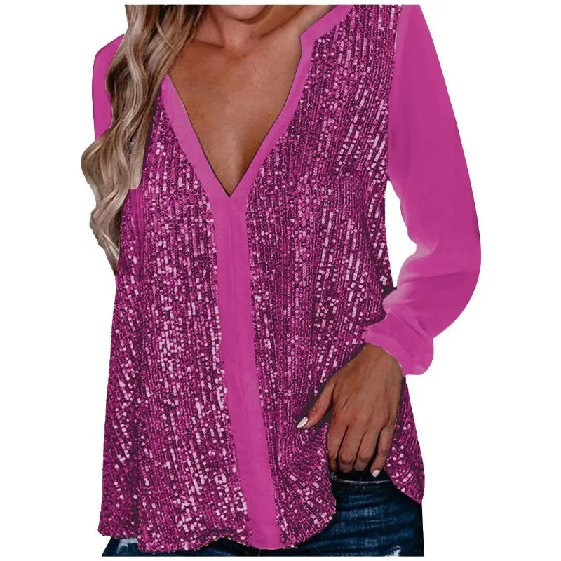 Fashion V-neck Sexy Sequins Shirts Women Long Sleeve Tops Party Shiny Blouse Pullover Loose Spring Summer Tops Mujer New