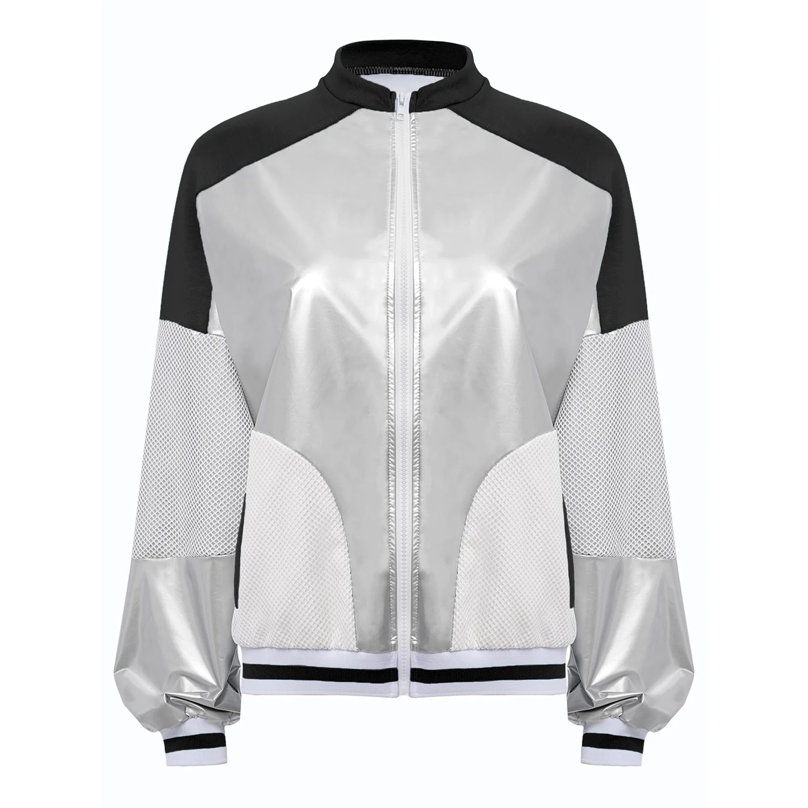 

Women Fashion Racing Speeding Shiny Jacket Coats Long Sleeve Hollow Out Mesh Patchwork Coat for Daily Casual Thin Outerwear