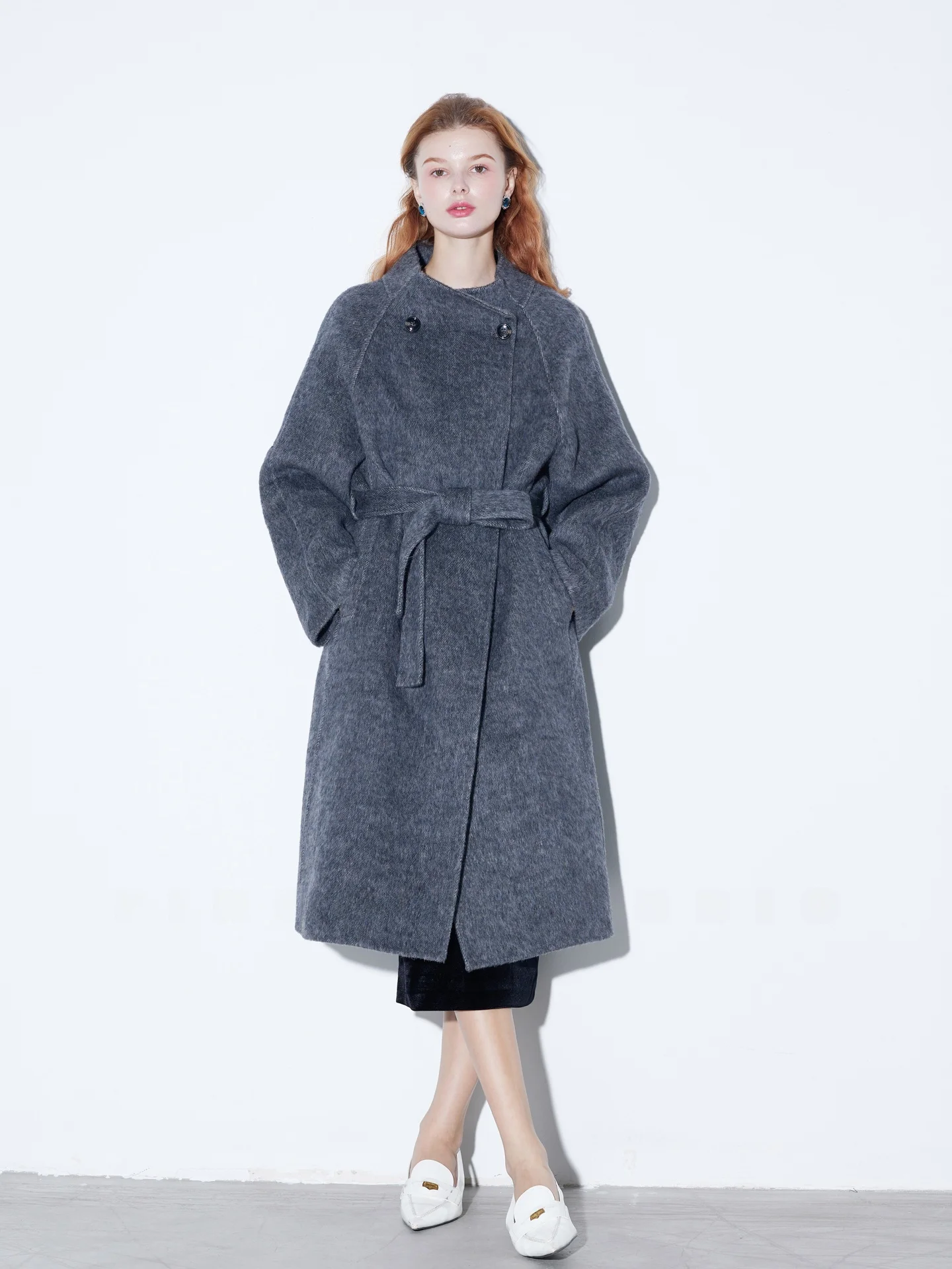

Finocci Double-Faced Woolen Rabbit Hair Coat with Stand Collar And Belt Medium Length Vintage Sle Commute Thiened Women's...