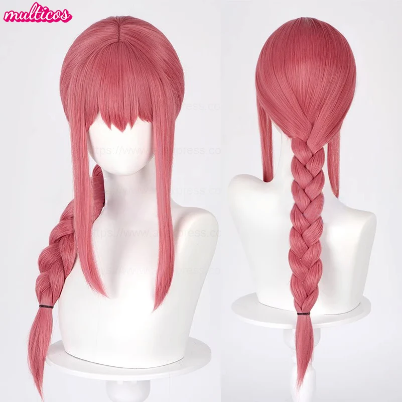 High Quality Makima Cosplay Wig Long Rose Red Braided Heat Resistant Synthetic Hair Halloween Party Scalp Anime Wigs + Wig Cap