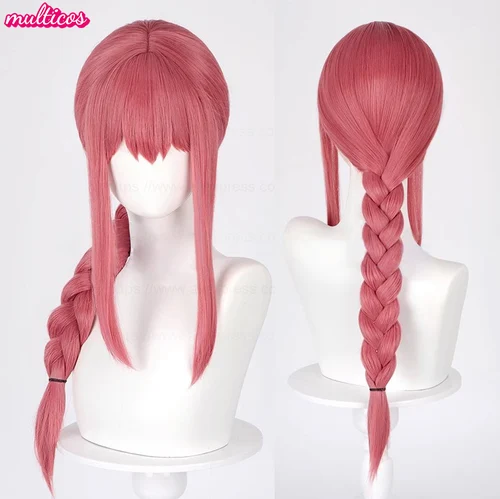 Peluca de Cosplay Makima de alta calidad, pelo sintético largo trenzado rosa rojo resistente al calor, pelucas de Anime para cuero cabelludo para fiesta de Halloween + gorro de peluca