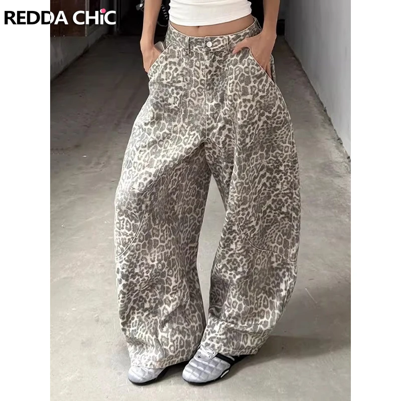 

ReddaChic Trendy Leopard Wide Leg Jeans Boyfriend Vintage Patchwork Horseshoe Casual Pants Women Men Trousers Street Y2k Clothes
