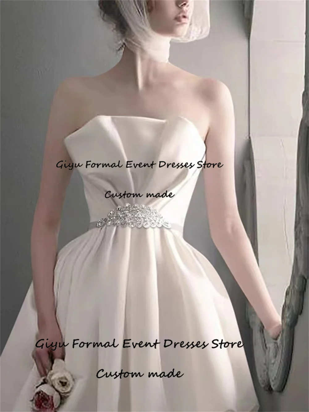 Giyu Diamond A-line Mini Wedding Dresses 2024 Strapless Birthday Party Dress Mini-Length Above Knee Vestidos Novias Boda 웨딩드레스