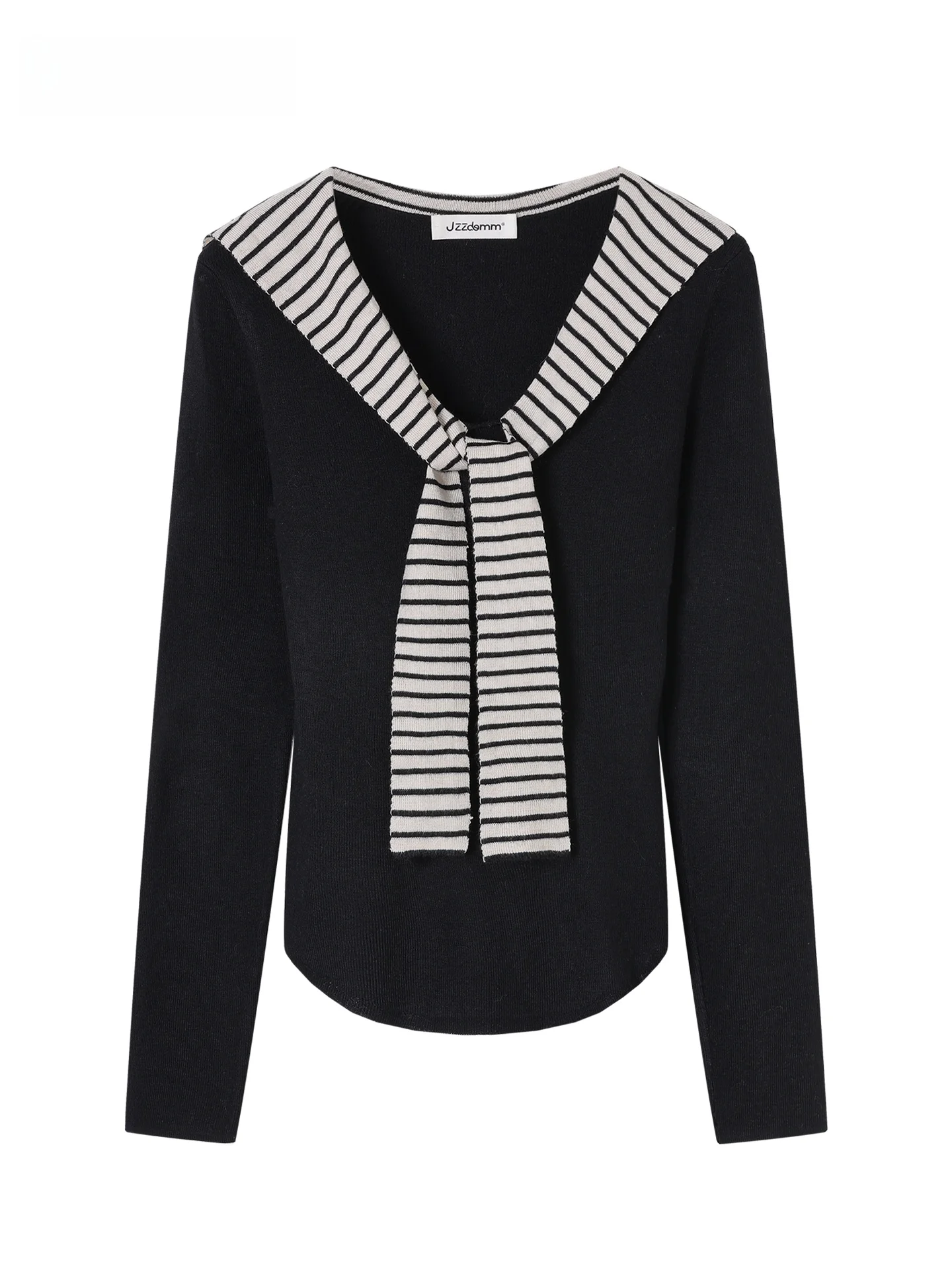 

Slim Fit Striped Knit Sweater Women's JZZDEMM Navy Collar Fake Two-Piece Design Casual Faion Soft Polyester Blend Long Sve