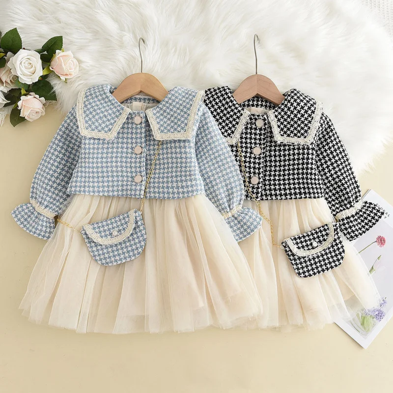 

Children's Set New Spring and Autumn Girls' Houndstooth Large Lapel Jacket+Tank Top Sheer Dress+Small Crossbody Bag Three-Piece
