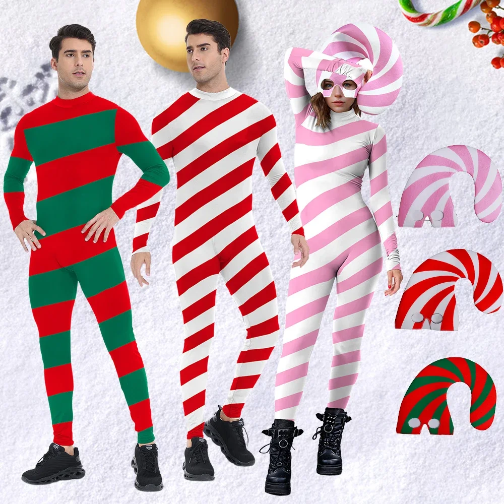 

Candy Cane Cosplay Costume Christmas Outfit Spandex Festival Bodysuit Xmas Hat Couple Zentai Women Men Holiday Party Bodysuits