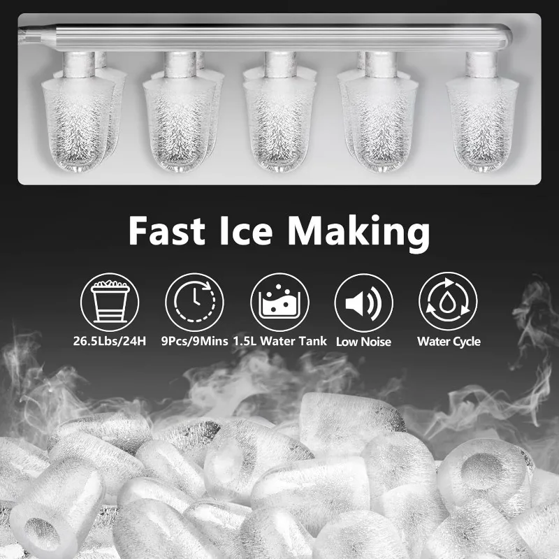 KUMIO Ice Makers Countertop,9 Thick Bullet Ice Ready in 6-9 Mins,26.5 Lbs in 24Hrs,Portable Maker with  Scoop and Basket Compact