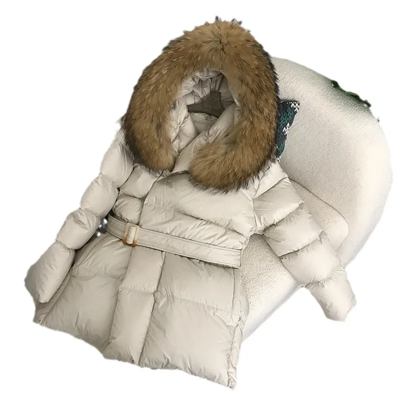 2025 New Hooded Belt 90 White Duck Down Jacket Women's Mid-Length Fashion Thickened Bread Jacket