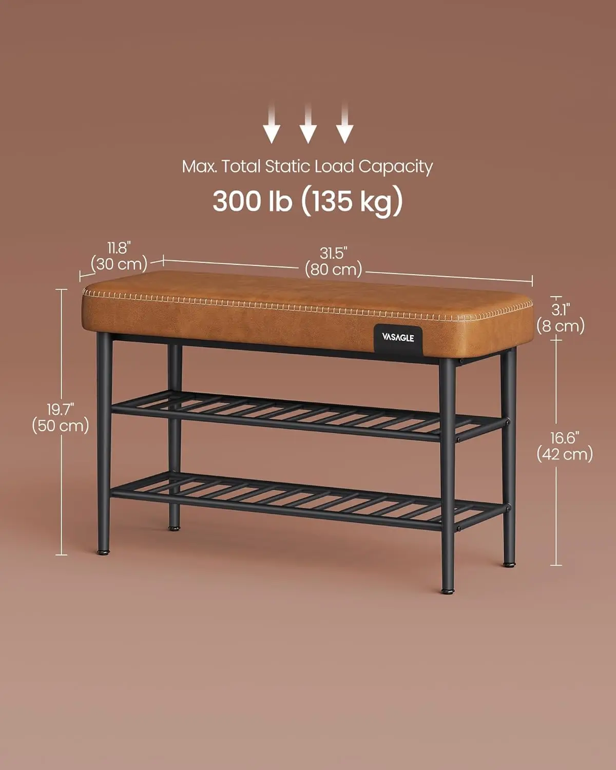 Shoe Bench, Storage Bench, Shoe Rack Bench Entryway, Synthetic Leather with Stitching, Loads 300 lb, 11.8 x 31.5 x 19.7 Inches