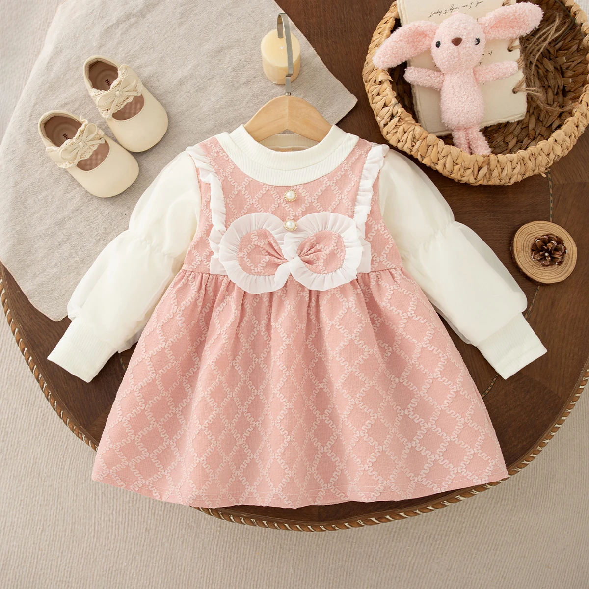Girls Dresses Spring/Autumn Cotton Bow Round Neck Lantern Sleeve Baby Dresses Cute Casual Baby Girl Clothing